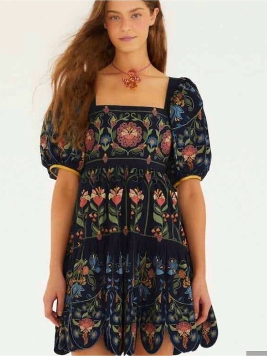 FARM Rio Dresses & Skirts - FARM Rio Navy Floral Puff-Sleeve Square Neck Dress